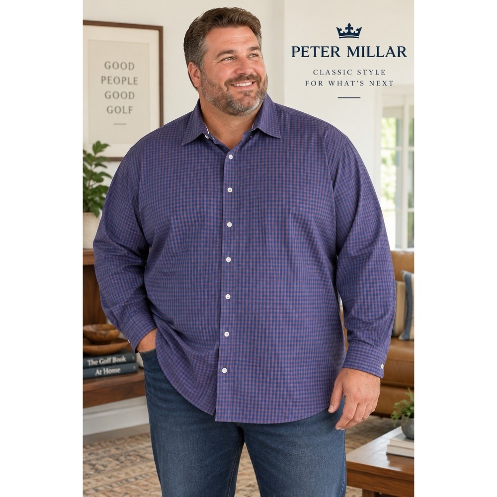 Peter Millar Men's 4X Plaid Button Down Shirt Blue Red Stretch Big & Tall